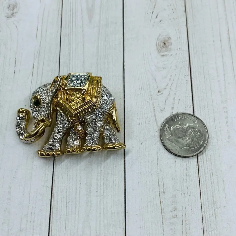 ‎Gold Silver Crystal Elephant Brooch